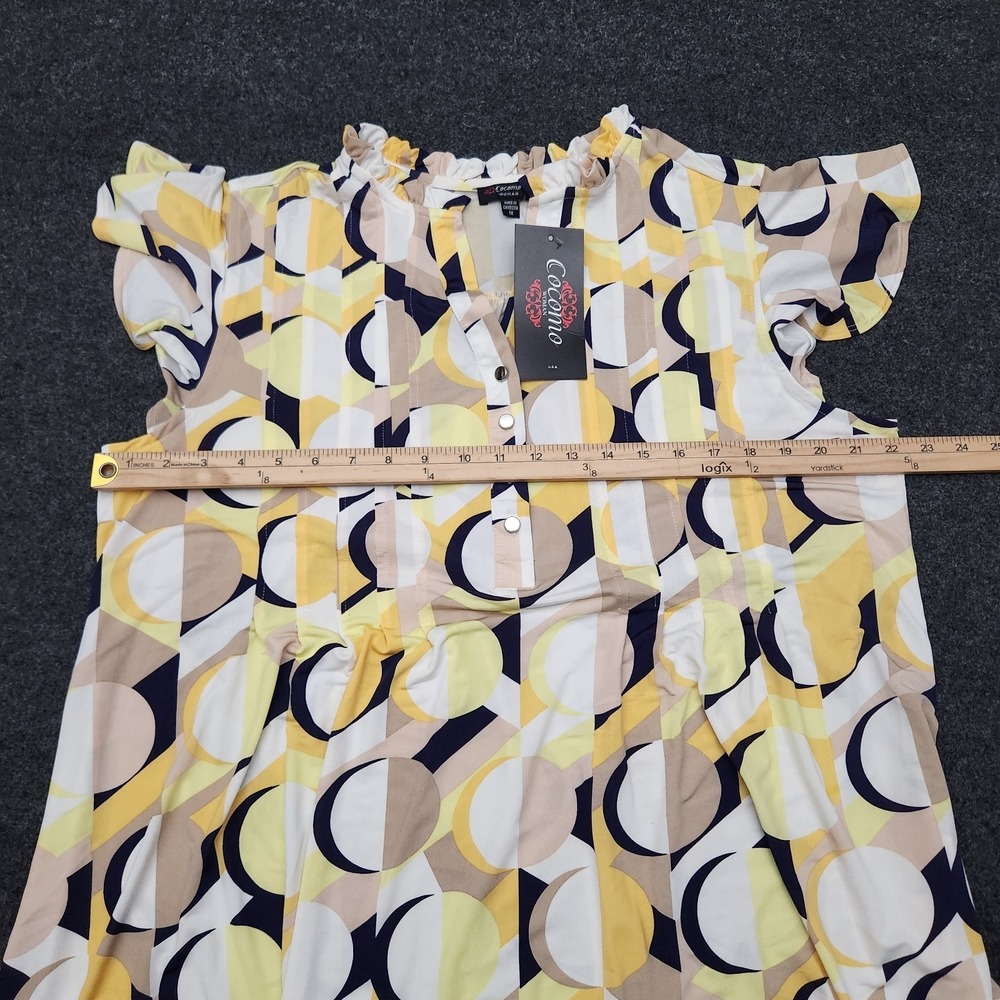 Cocomo Womens 1X Yellow Navy Beige Geometric Abstract Blouse Pintuck Pleated NEW - Picture 4 of 7